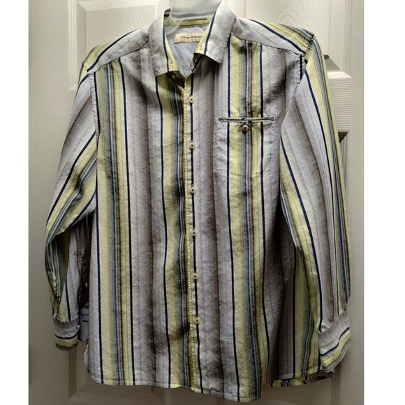 Tommy Bahama Size Large Cotton Silk Blend Blue Yellow Striped Button Down Shirt - Picture 1 of 6